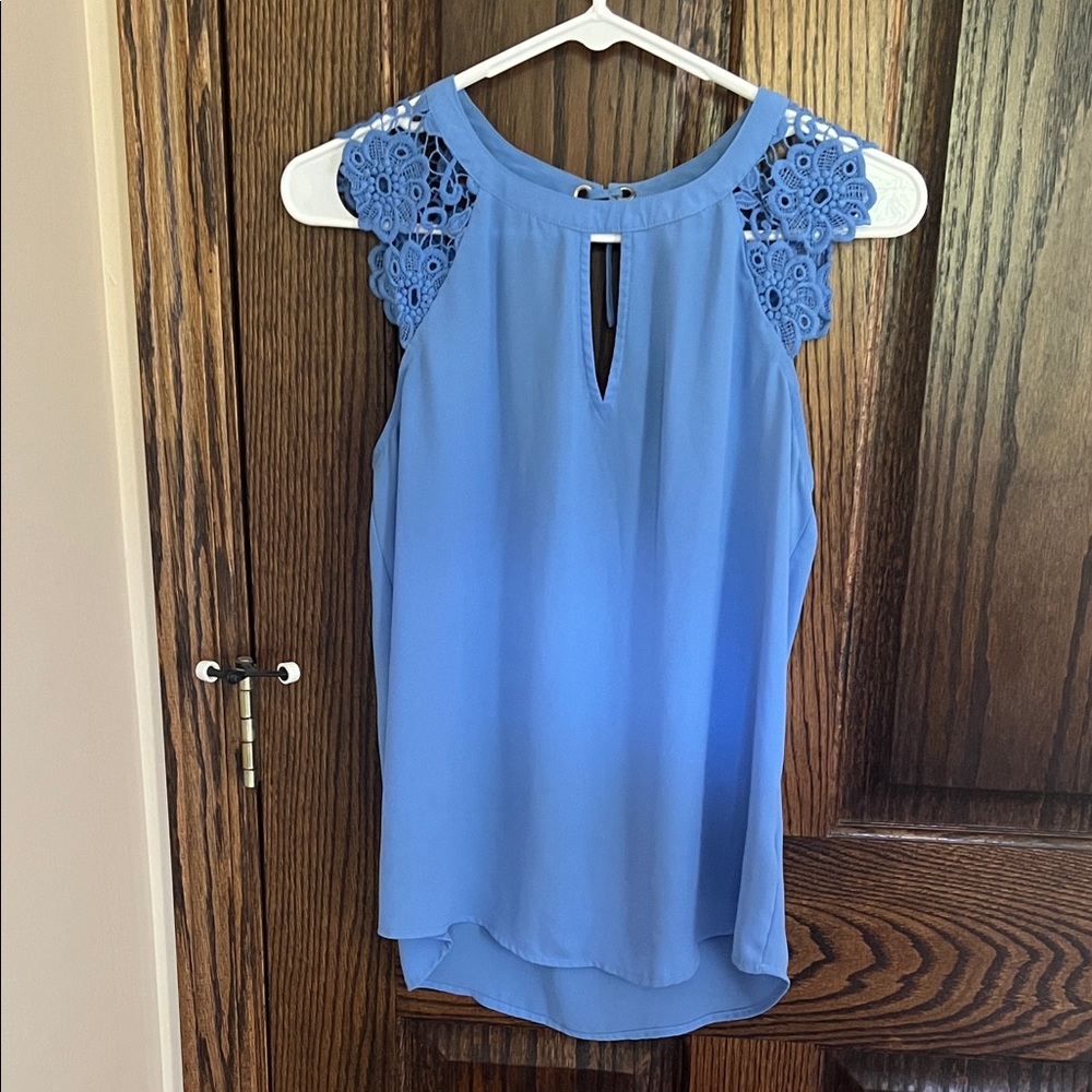 Express Blue Sleeveless Blouse with Lace Shoulders